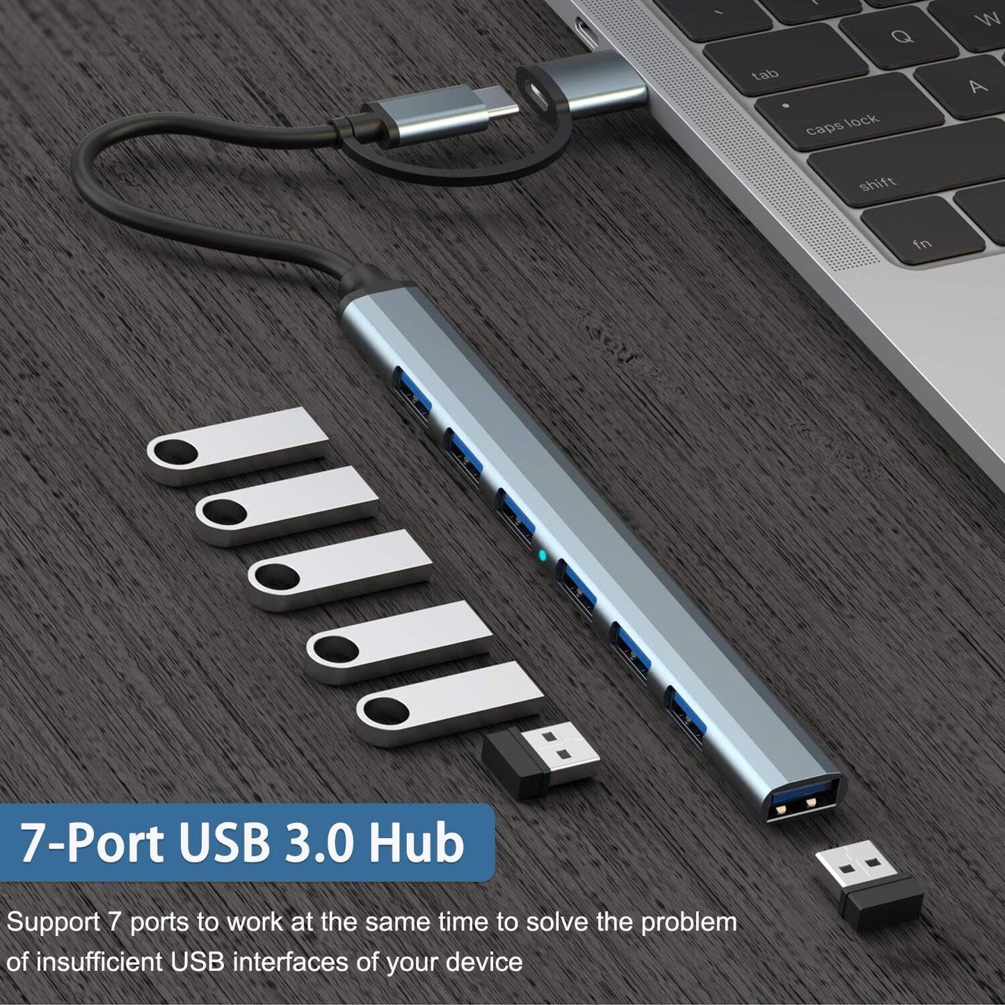 USB Hub 3.0 7 Ports Aluminium USB C to USB 3.0 Hub for MacBook Mac Pro/Mini iMac Laptop