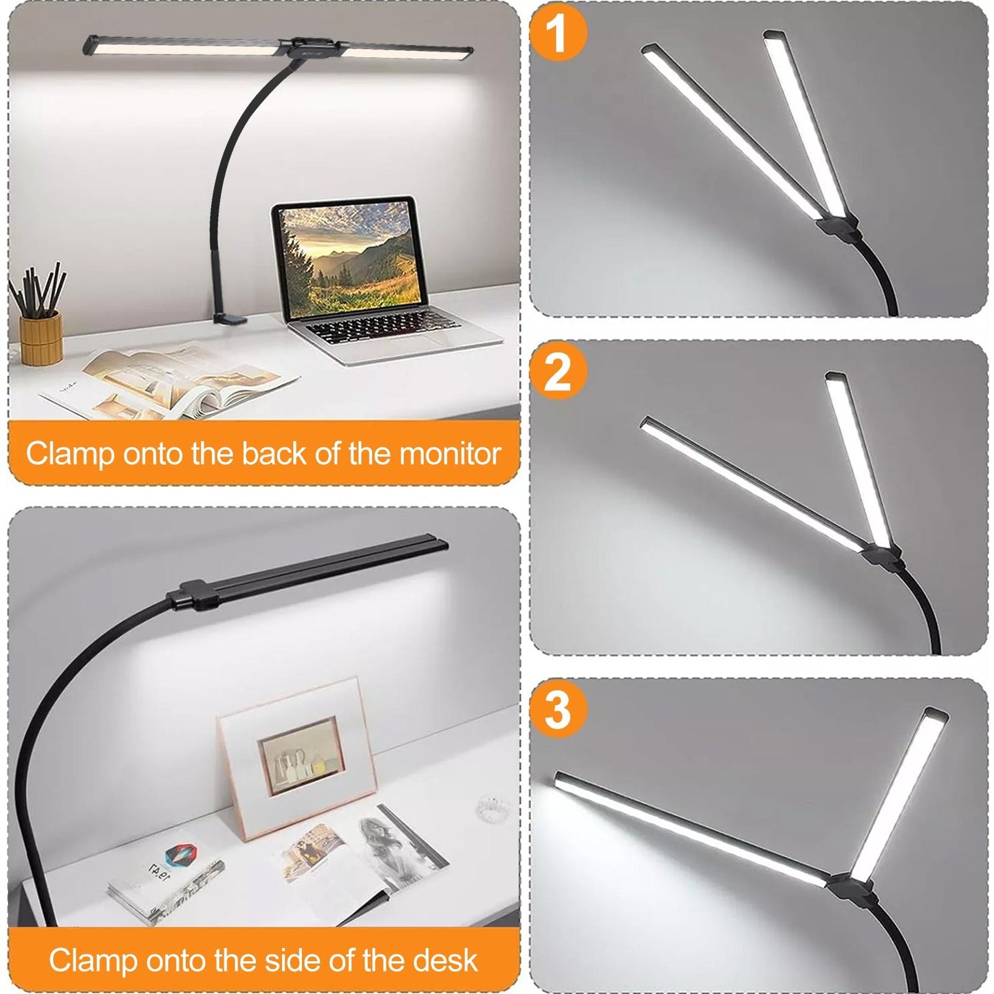 Double Head Clip Desk Lamp with Gooseneck Tube Led in Black