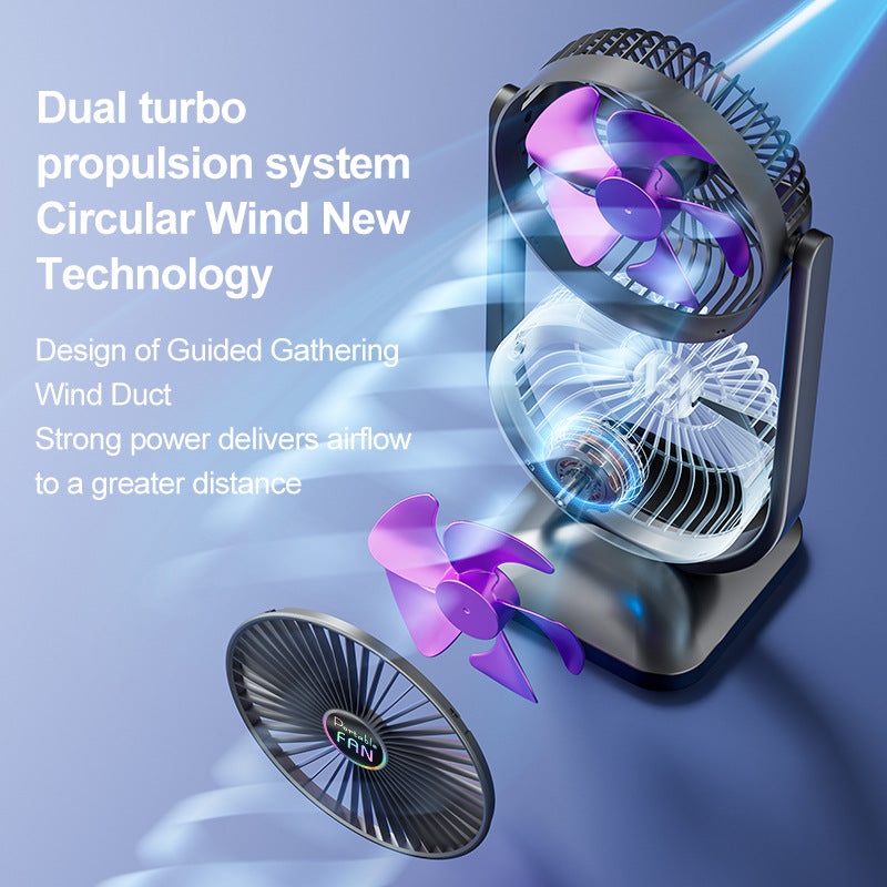 Purple Dual Head USB Rechargeable Desk Fan - Portable Double Air Circulator