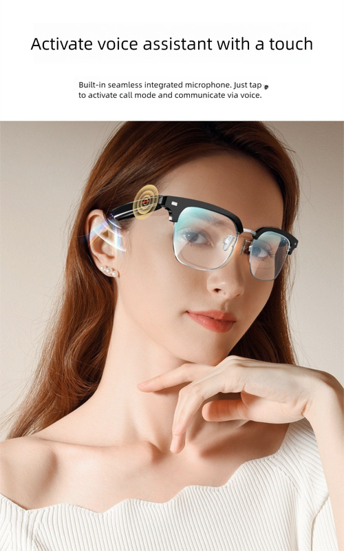 Black Half Frame Anti-blue Light Smart Audio Glasses with Bluetooth 5.0 - Open-Ear Directional Sound, Anti-Blue Light Lenses, IP65 Water Resistant