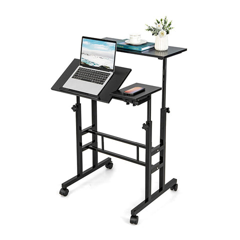 Mobile Stand Up Computer Desk With 2 Tilting Desktops For Office