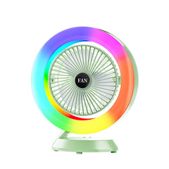 Green RGB Desktop Fan - USB Rechargeable, 3-Speed, 180° Adjustable, LED Light