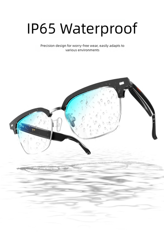 Black Half Frame Anti-blue Light Smart Audio Glasses with Bluetooth 5.0 - Open-Ear Directional Sound, Anti-Blue Light Lenses, IP65 Water Resistant