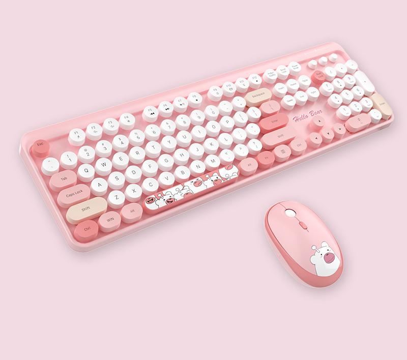 Hello Bear" Wireless Keyboard and Mouse Combo - 2.4G Retro Round Keycaps(pink)"