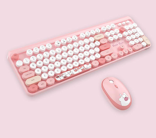 Hello Bear" Wireless Keyboard and Mouse Combo - 2.4G Retro Round Keycaps(pink)"