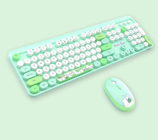 Hello Bear" Wireless Keyboard and Mouse Combo - 2.4G Retro Round Keycaps(Green)"