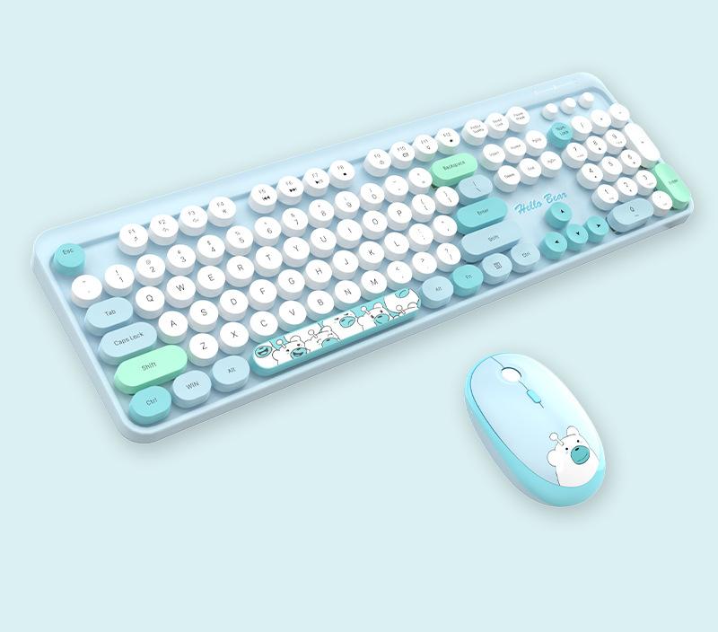 Hello Bear" Wireless Keyboard and Mouse Combo - 2.4G Retro Round Keycaps(Blue)"