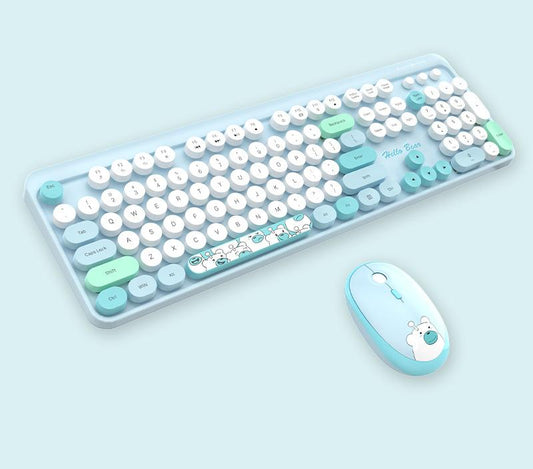 Hello Bear" Wireless Keyboard and Mouse Combo - 2.4G Retro Round Keycaps(Blue)"