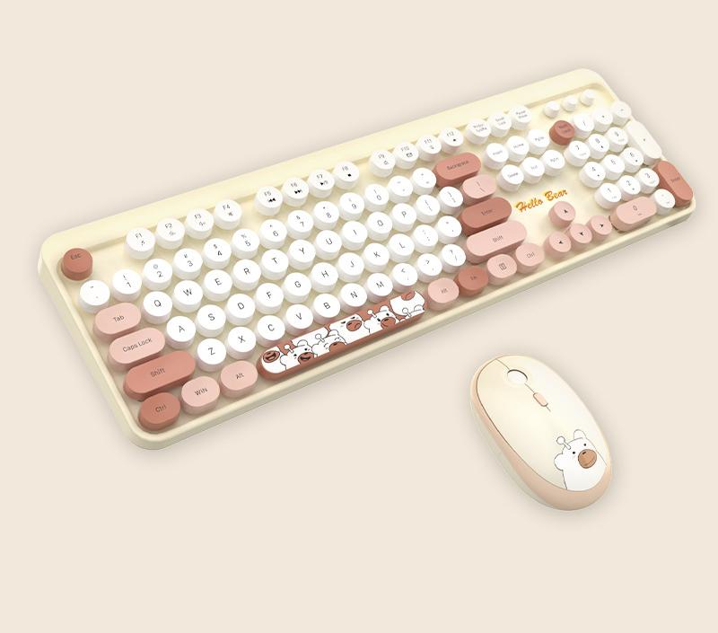 Hello Bear" Wireless Keyboard and Mouse Combo - 2.4G Retro Round Keycaps(Milk tea)"