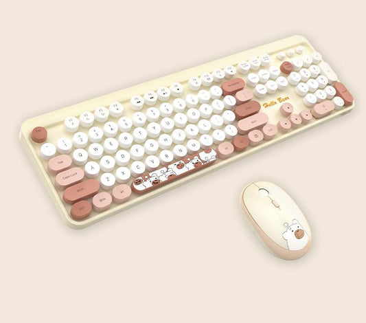 Hello Bear" Wireless Keyboard and Mouse Combo - 2.4G Retro Round Keycaps(Milk tea)"