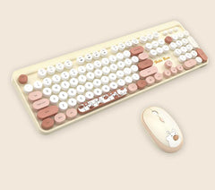 Hello Bear" Wireless Keyboard and Mouse Combo - 2.4G Retro Round Keycaps(Milk tea)"