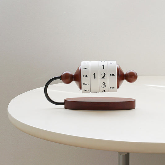 Brown Vintage Wooden Rotating Perpetual Calendar - Manual Roller Desk Decor, Timeless Date & Day Display for Home & Office