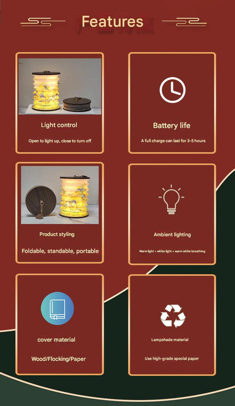Foldable Telescopic Lantern Lamp - 3 Light Modes, USB Rechargeable, Wood/Paper Finish(Good Luck and Happiness)