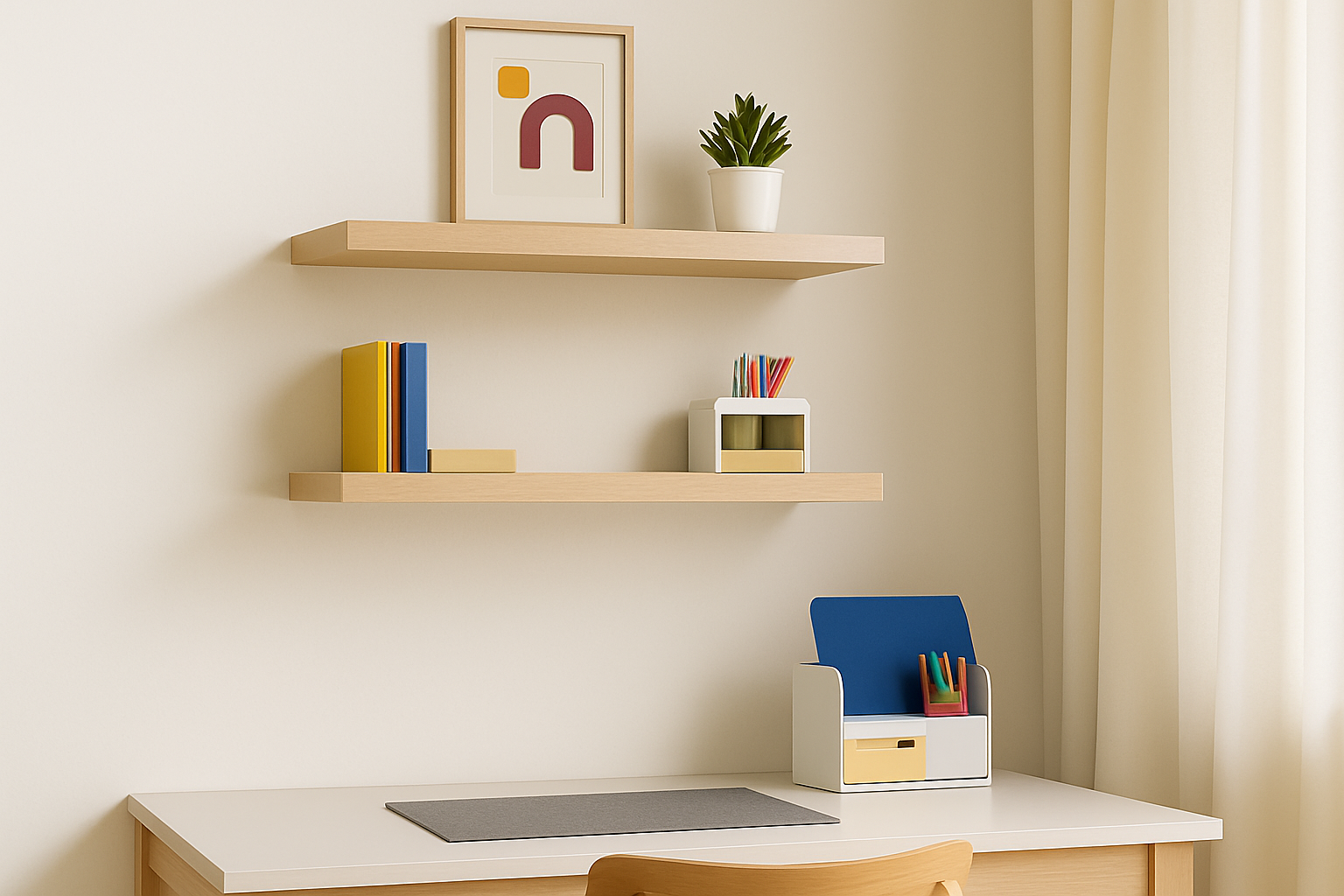 Minimalist desk storage display in a home office setup