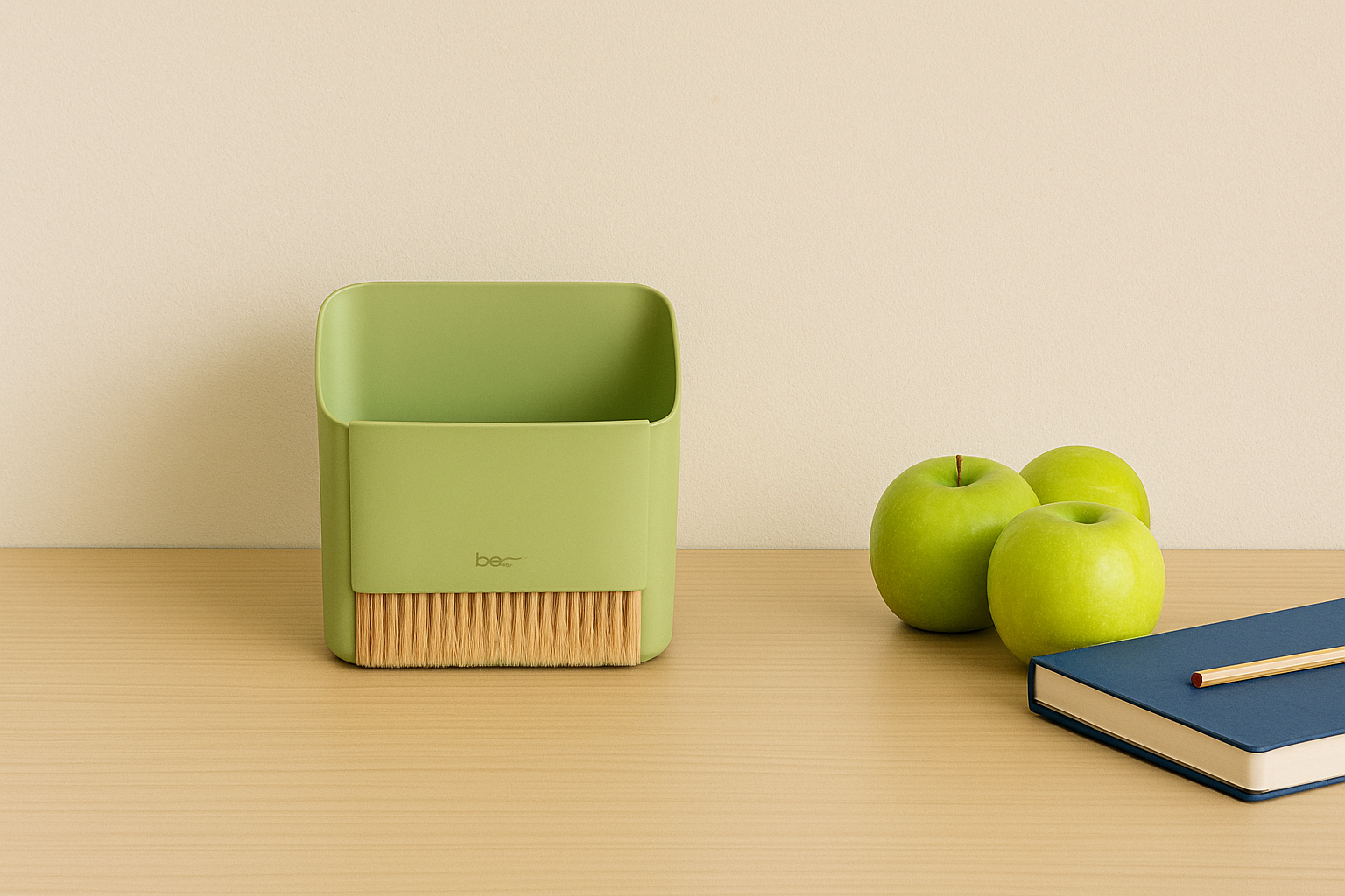 Minimalist workspace setup featuring compact desktop bins for stylish organization