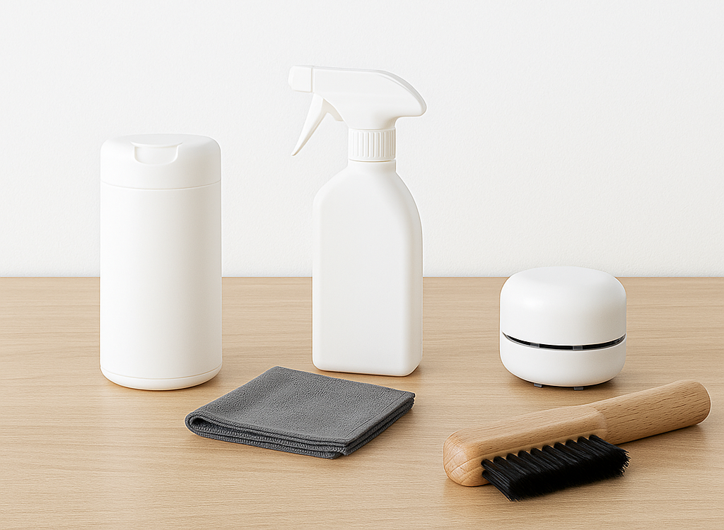 Minimalist cleaning tools and supplies for tidy workspaces