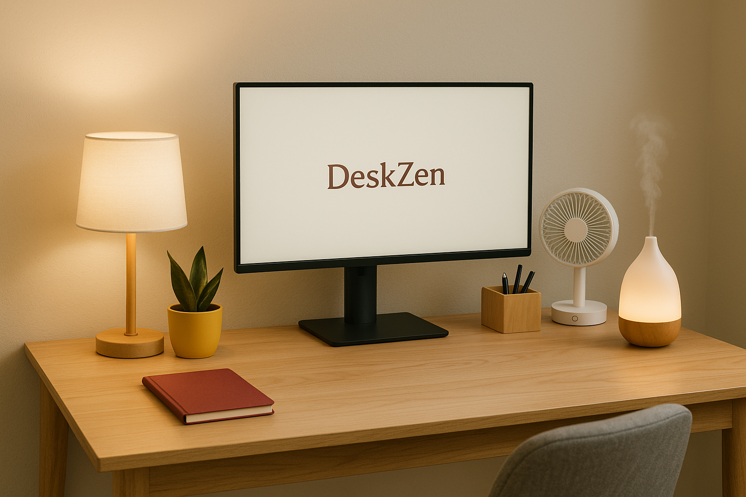 Minimalist workspace with comfort and ambience elements
