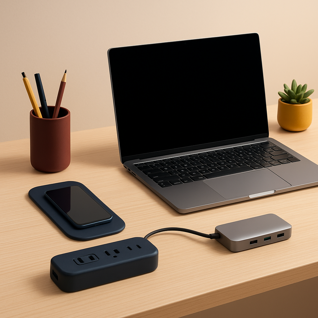 Sleek tech and power accessories for modern workspaces