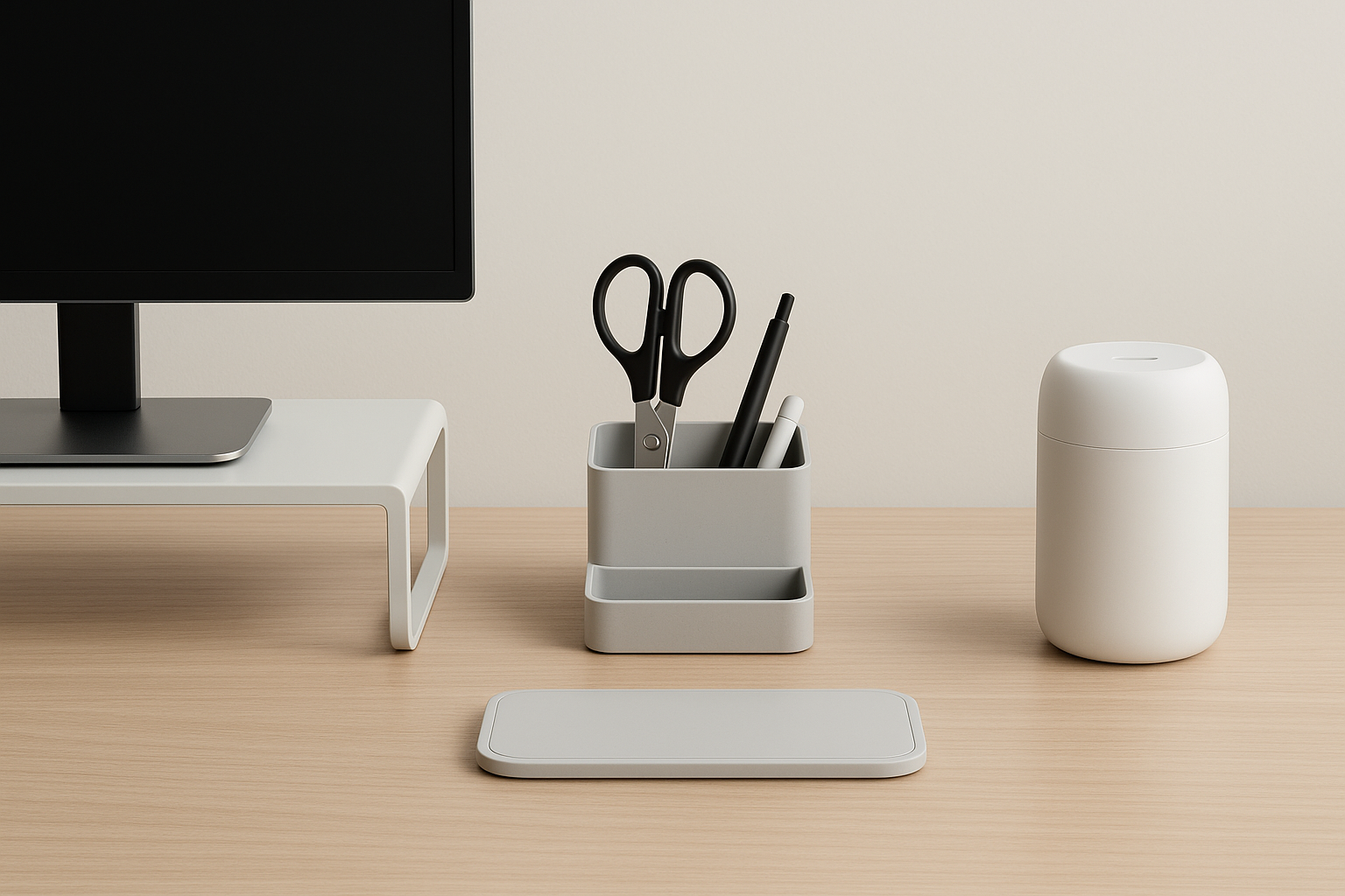 Minimalist workstation essentials including stands, trays, tech accessories, and organizers