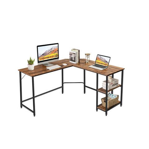 L Shaped Desk With 2 Tier Storage Shelf For Home Brown