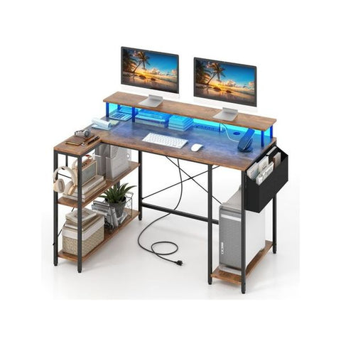 L Shaped Gaming Desk With Led Lights And Power Outlets