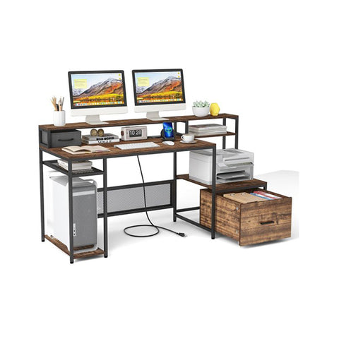 170 Cm Computer Desk With Monitor Stand And File Drawer